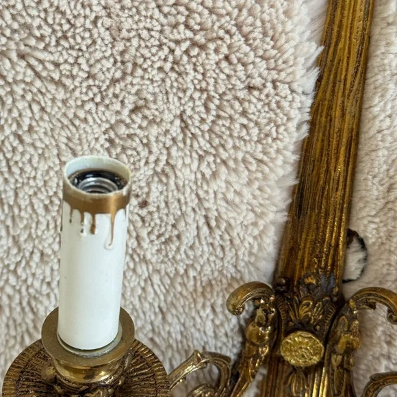 Vintage Louis xvi ribbon bow gold gilded double arm electric candle wall sconce